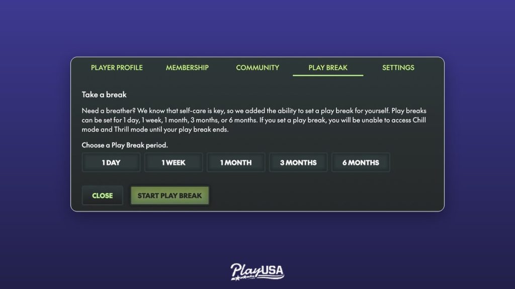 Play Break blocks both Chill and Thrill Mode for a chosen period: 1 day, 1 week, 1 month, 3 months, or 6 months.