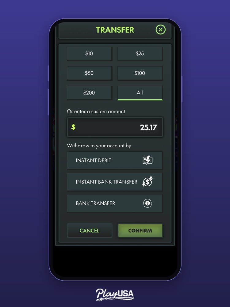 the withdrawal screen with $25.17 ready to transfer.