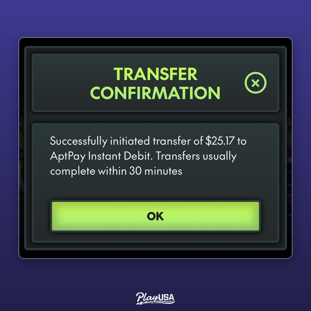 transfer confirmation: $25.17 to AptPay Instant Debit.